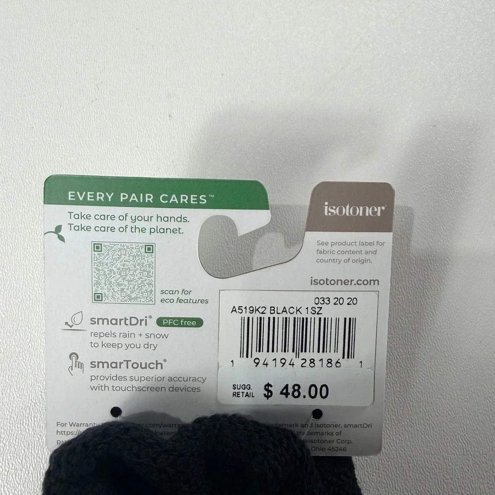 Isotoner Womens Black smartDri smartTouch Eco Comfort Knit Gloves A519K2 1SZ NEW